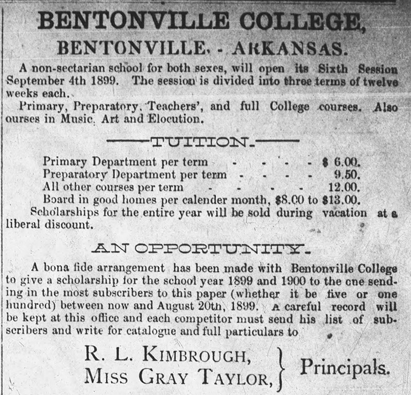 "Bentonville College" newspaper advertisement
