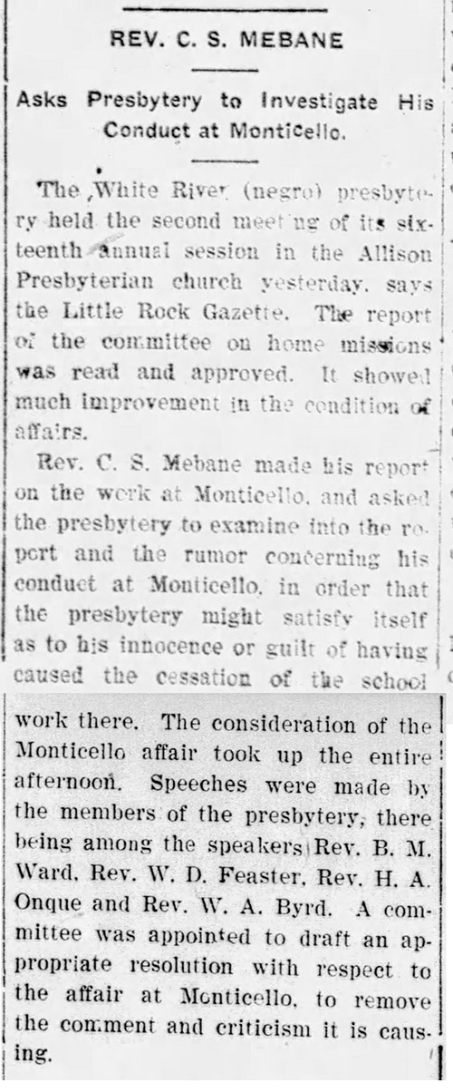 "Rev. C. S. Mebane" newspaper clipping
