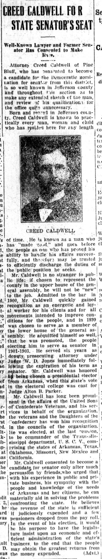 "Creed Caldwell for a State Senator's Seat" newspaper clipping