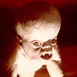 Demonic looking baby with swollen head and pointed teeth