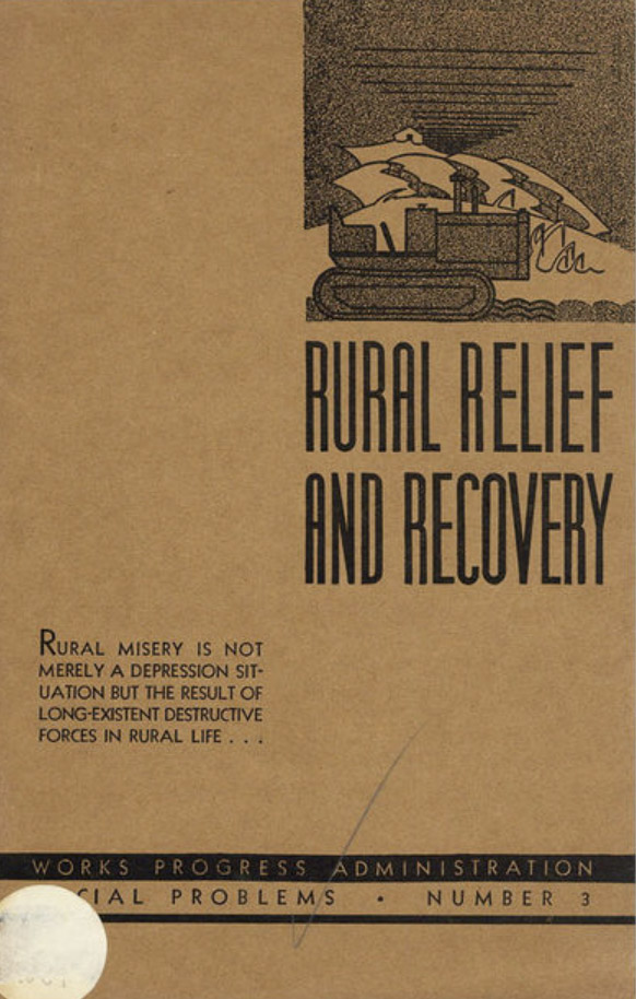 Book cover "Rural Relief and Recovery" showing drawing of tractor and hillside
