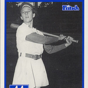 Baseball card "Delores Brumfield" featuring white woman in uniform holding baseball bat