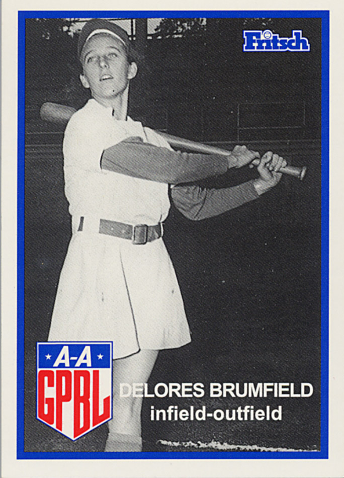 Baseball card "Delores Brumfield" featuring white woman in uniform holding baseball bat