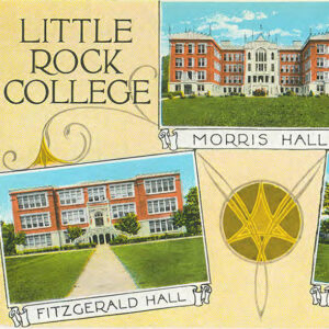 Postcard featuring three brick buildings with notes under each saying Morris Hall