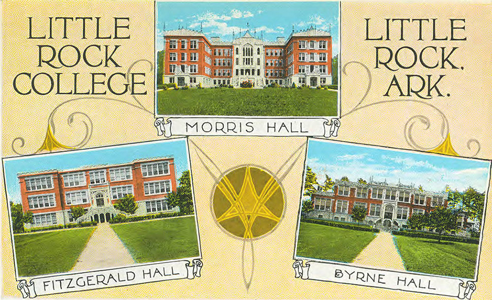Postcard featuring three brick buildings with notes under each saying Morris Hall