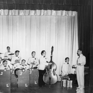 Large group of young white men in a jazz band