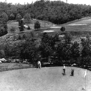 People golfing on hilly and tree-covered golf course