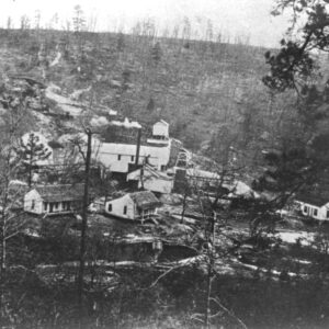 Overview of scattered buildings on thinly treed hillside