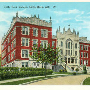 Postcard featuring multistory red brick and stone building labeled "Little Rock College"