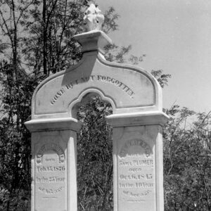 Tall arched double tombstone with "gone but not forgotten" carved on the top
