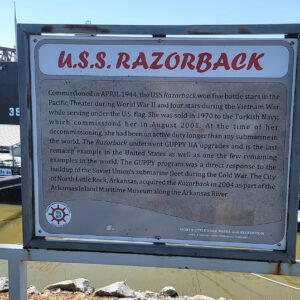 Information sign with "USS Razorback" in red at the top