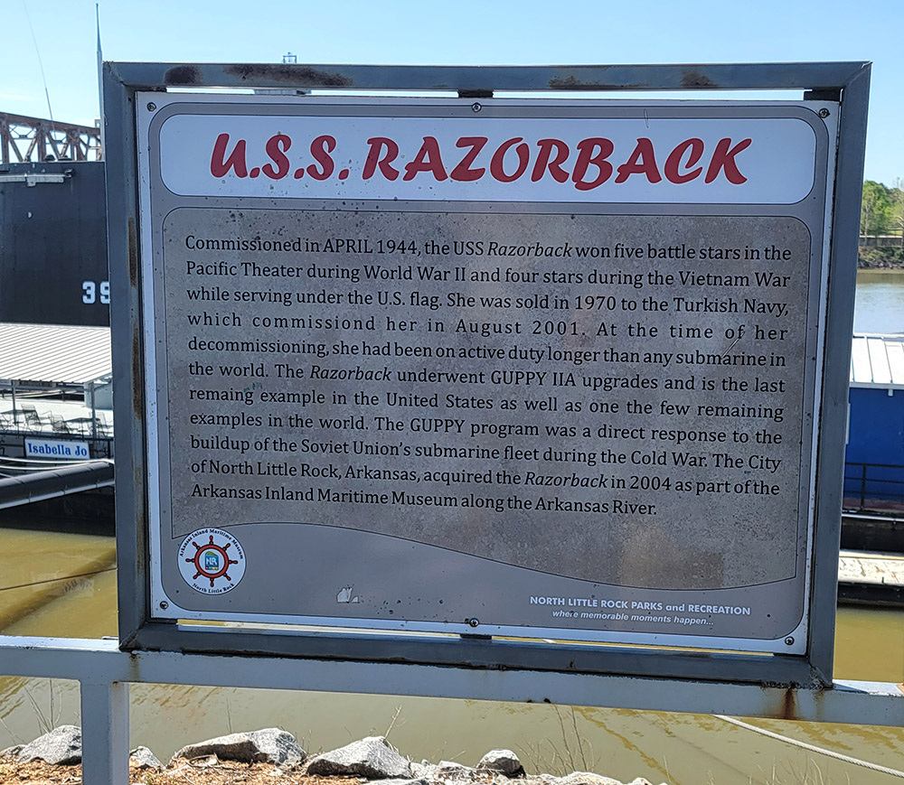 Information sign with "USS Razorback" in red at the top