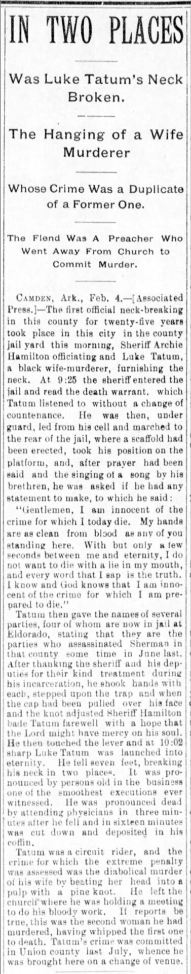 "In Two Places Was Luke Tatum's Neck Broken" newspaper clipping