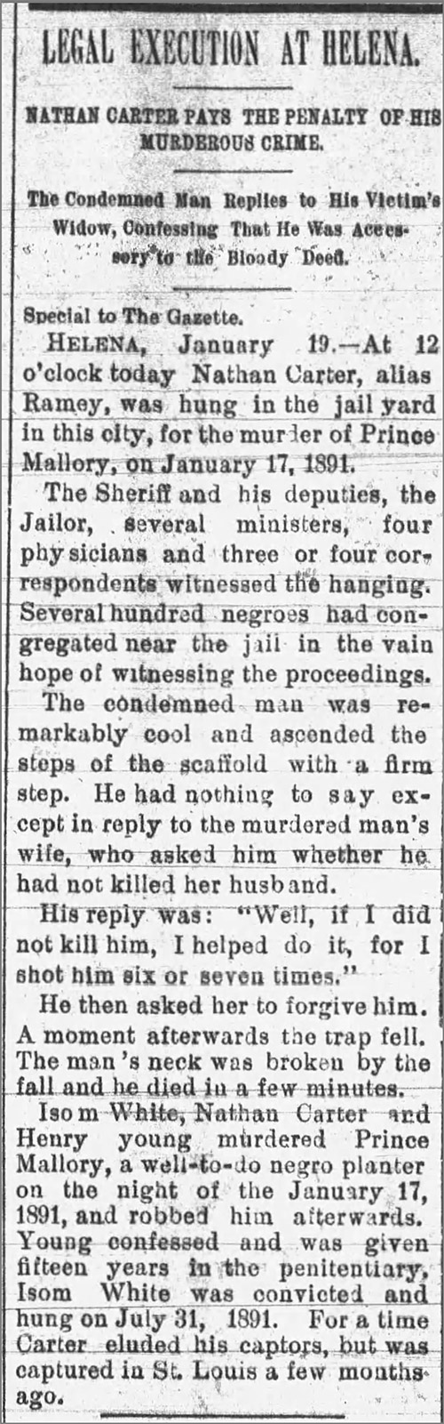 "Legal Execution at Helena" newspaper clipping