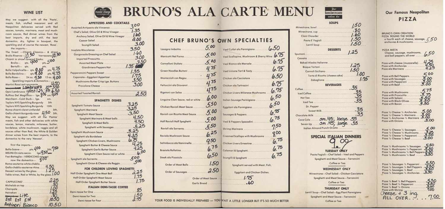 Restaurant menu with prices written by hand