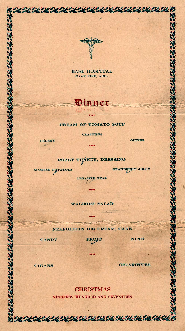 Menu with "Base Hospital" at the top and a border of mistletoe