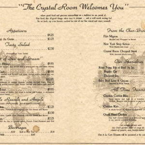 Restaurant menu with "The Crystal Room Welcomes You" at the top