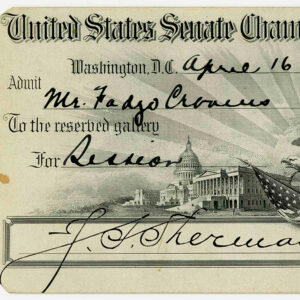 Yellowing card with name on it "United States Senate Chamber"