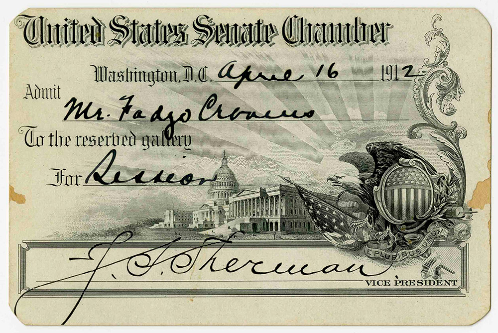 Yellowing card with name on it "United States Senate Chamber"