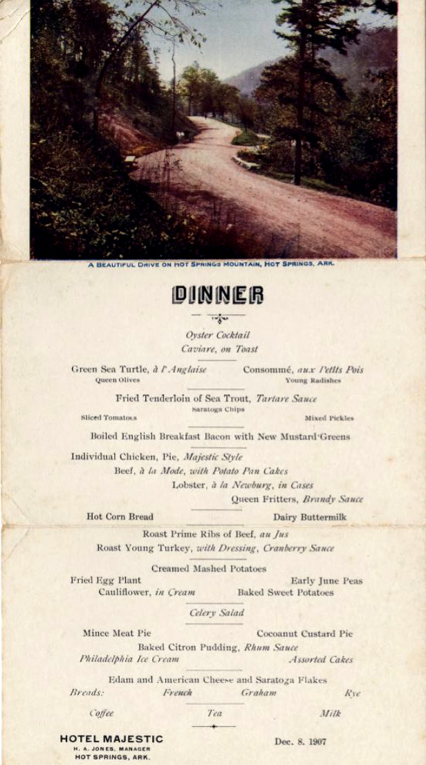 Restaurant menu with picture of curved hilly road with trees