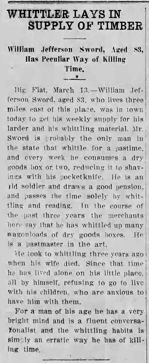 "Whittler Lays in a Supply of Timber" newspaper clipping