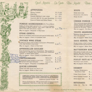 Restaurant menu with green illustrations of people picking grapes with prices written by hand