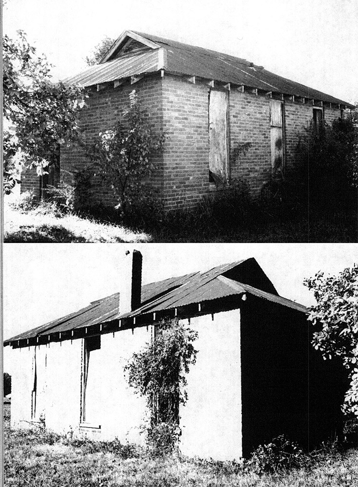 Two views of a single story concrete block building overgrown with weeds