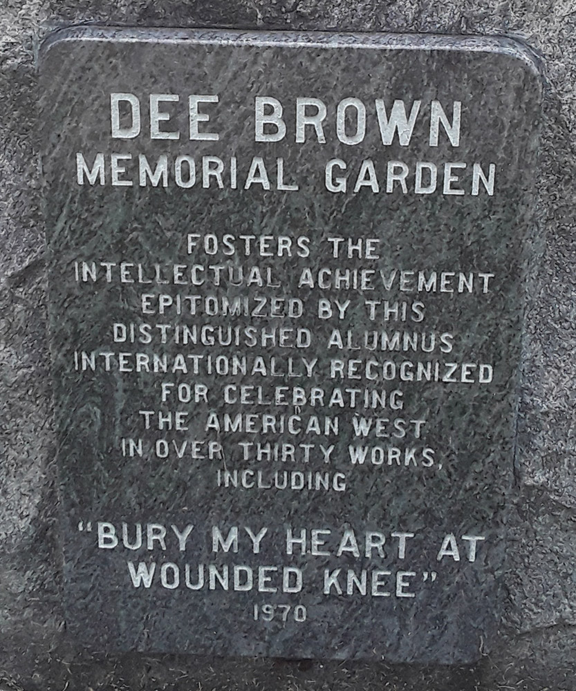 Plaque embedded in stone monument "Dee Brown Memorial Garden"