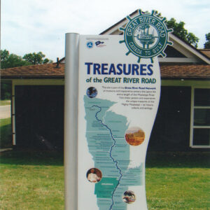Road sign with map with "Treasures of the Great River Road" at the top