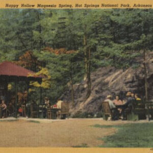 People sitting in covered picnic area and at tables next to trees and rocks