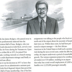 Page from a program featuring a drawing of an African American man standing in front of an airport