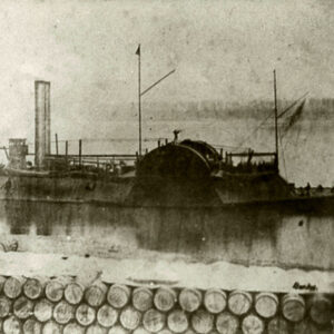 Armored military steam ship in the water