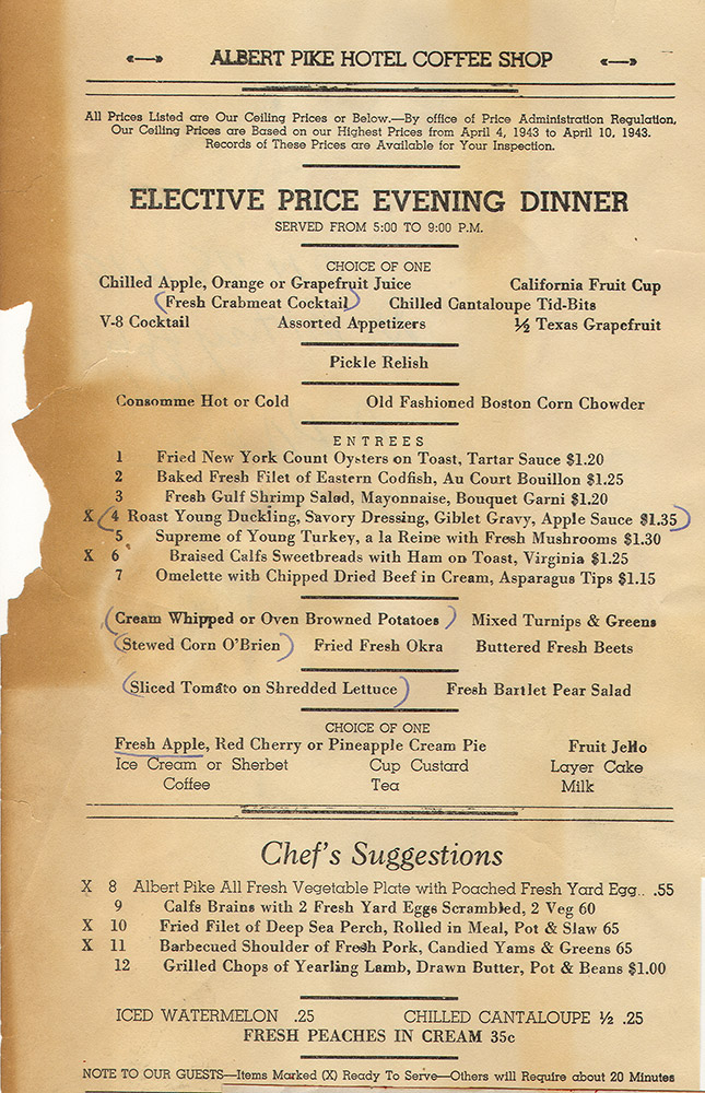 Hotel restaurant menu featuring "Elective Price Evening Dinner"