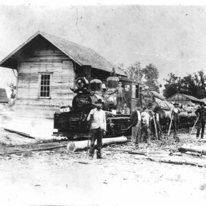 Group of men standing beside loaded train on tracks with horses nearby
