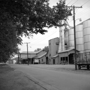 Row of buildings and silos