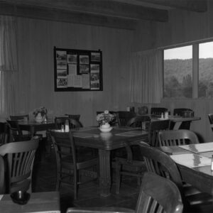 Interior of restaurant with table and chairs