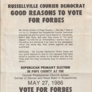 Paper flyer with "Good Reasons to Vote for Forbes" at the top