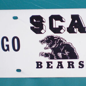 License plate saying "Go SCA Bears" with picture of a bear