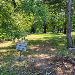 Gravestones among trees with sign saying "Wrightsville Community Cemetery"