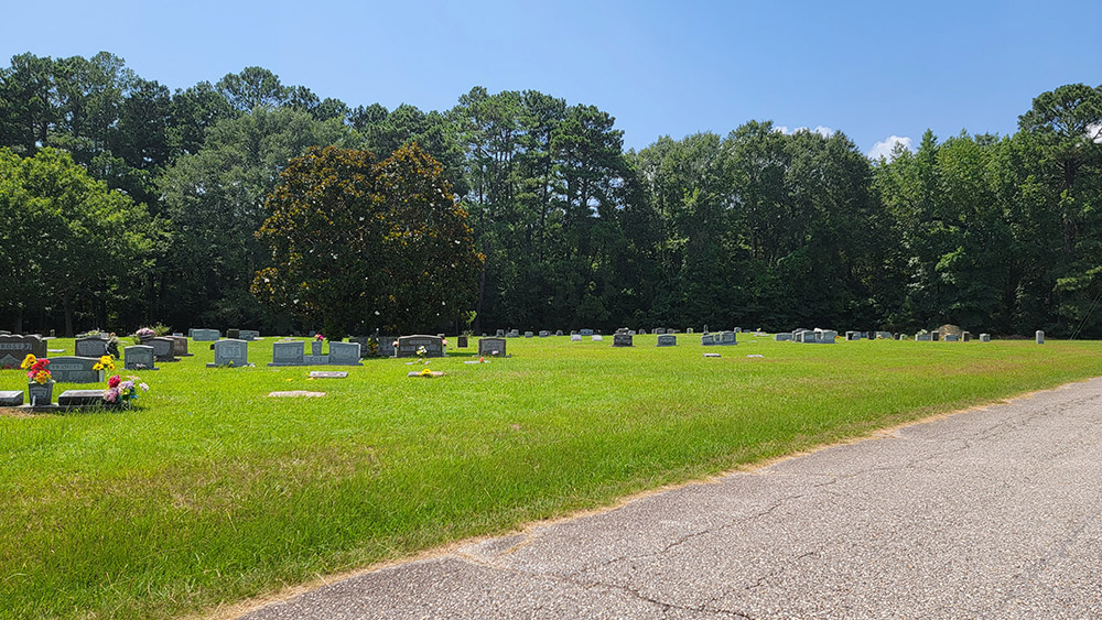gravestones on green grass with trees in the background and road in foreground