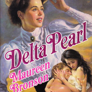 Romance book cover featuring a white woman in an old-fashioned blouse and hat at the top and a shirtless white man and long-haired white woman embracing at the bottom