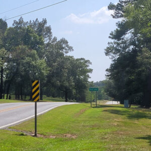 Road with trees on both sides and street signs on the right