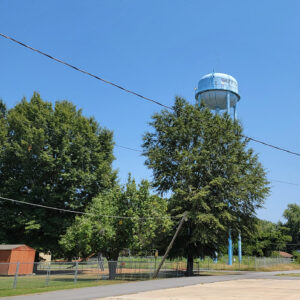 Tree-lined road with fenced-in yard and trees and water tower in the background