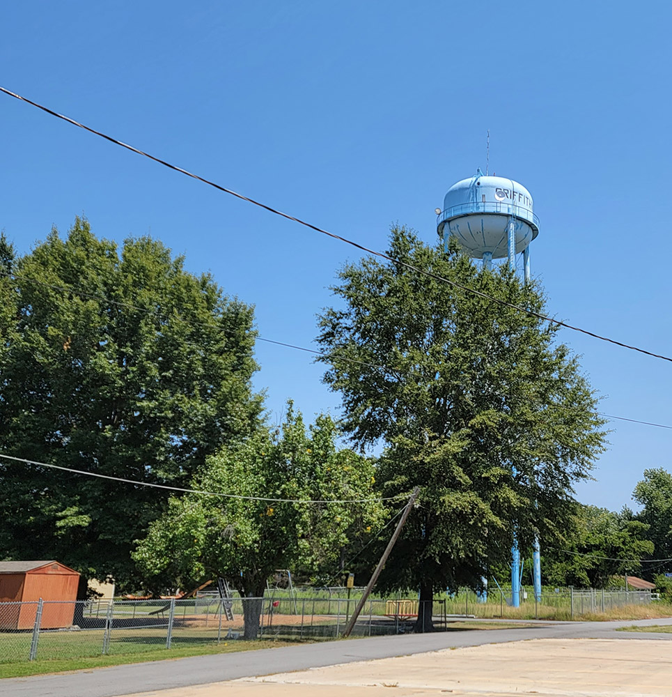 Tree-lined road with fenced-in yard and trees and water tower in the background