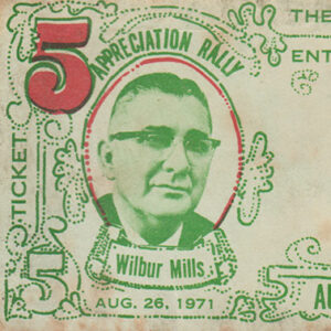 Ticket with face of white man in spectacles designed to look like a fake five dollar bill.