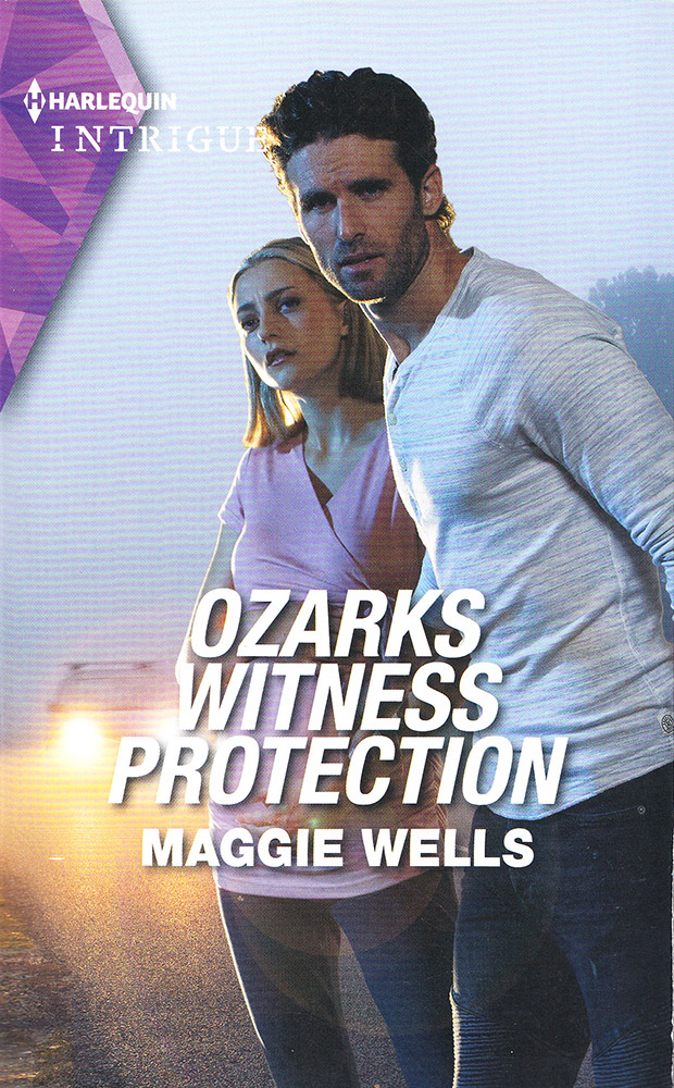 Romance and crime book cover featuring a white man in a long-sleeved shirt and a pregnant woman in a pink shirt