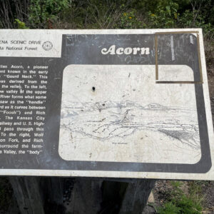 Sign with information about the Talimena National Scenic Byway and Acorn