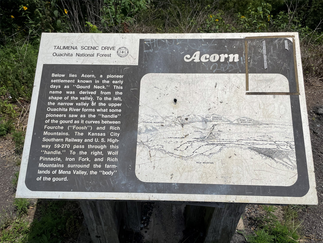Sign with information about the Talimena National Scenic Byway and Acorn