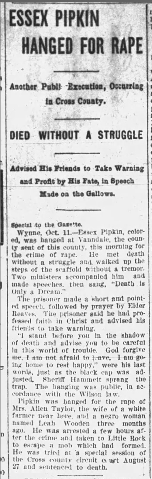 "Essex Pipkin Hanged for Rape" newspaper clipping
