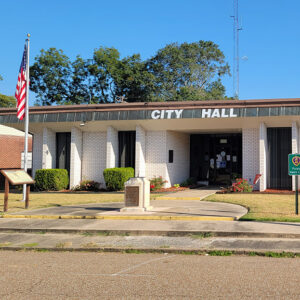 Single story white brick building with "City Hall" appearing in large white letters across the front